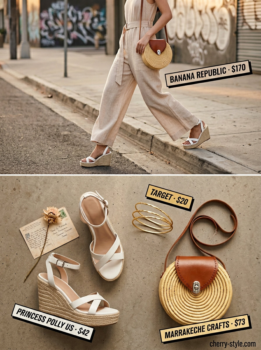 Beige linen jumpsuit, espadrilles & straw bag for trendy Miami summer outfits for women 2026.