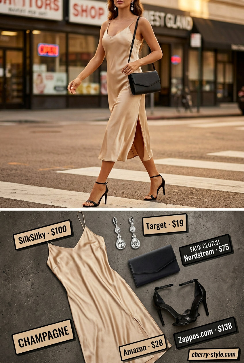 Champagne satin slip dress, black sandals & clutch for trendy Miami summer outfits for women 2026.