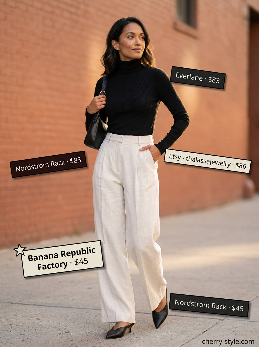 Cream wide-leg trousers, black turtleneck & mules for trendy Miami summer outfits for women 2026.