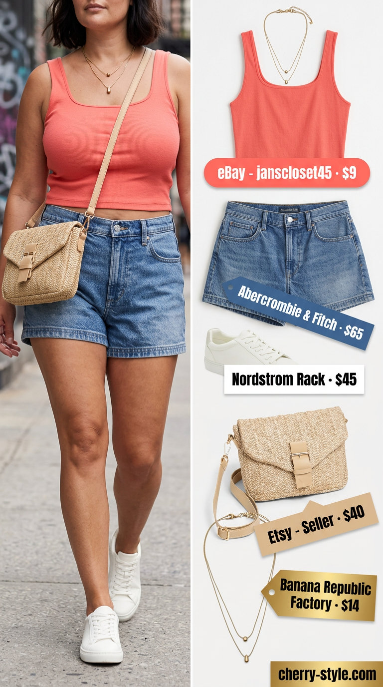 Coral cropped tank, denim shorts & white sneakers for trendy Miami summer outfits for women 2026.
