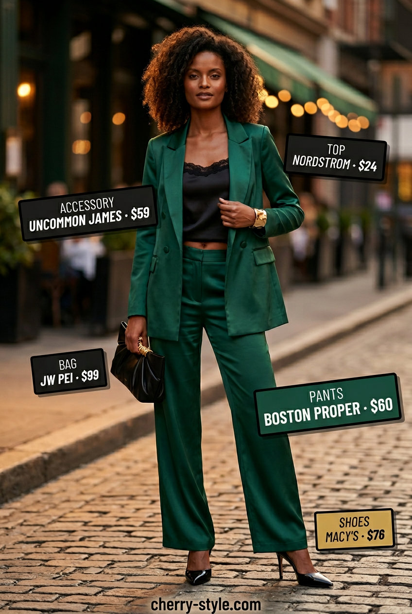 Emerald green wide-leg trousers, black cami & heels for trendy Miami summer outfits for women 2026.
