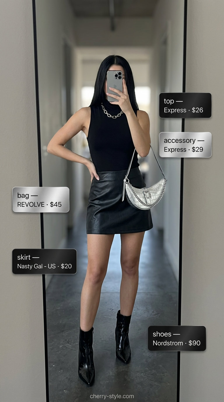 Faux leather mini skirt, mock neck top & silver bag for trendy Miami summer outfits for women 2026.