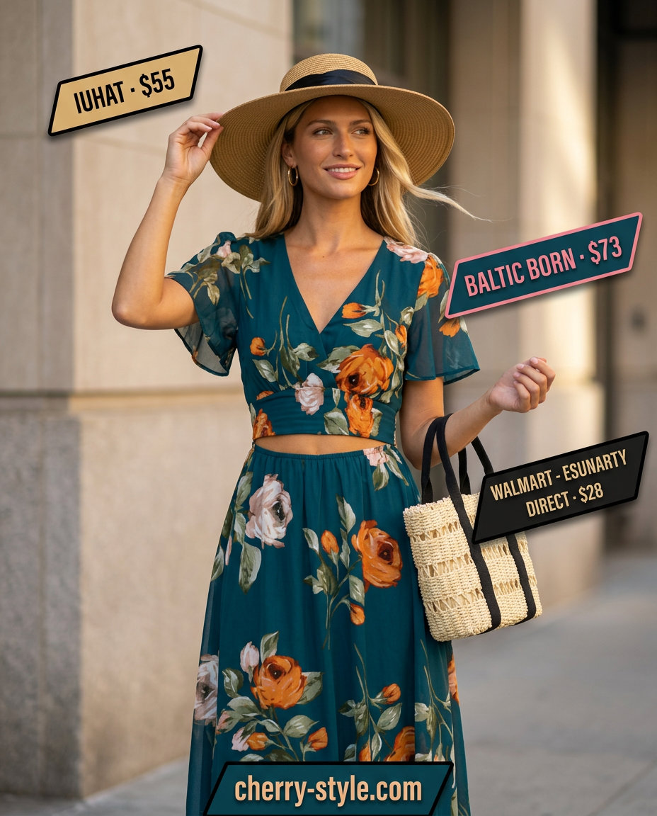 Tropical print maxi dress, straw hat & tote for trendy Miami summer outfits for women 2026.
