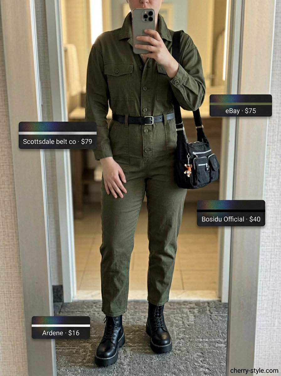 Brooklyn Bridge Breeze: NYC Summer Outfits 2026 Trendy NYC summer outfits for women 2026: Olive green utility jumpsuit, combat boots, and crossbody bag for sightseeing.