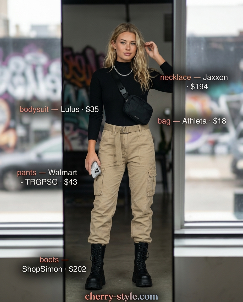 NYC Summer Outfits for Women 2026: Edgy Cargo Pants Trendy NYC summer outfits for women 2026: Mustard yellow cargo pants with a black bodysuit and chunky boots for an edgy look.