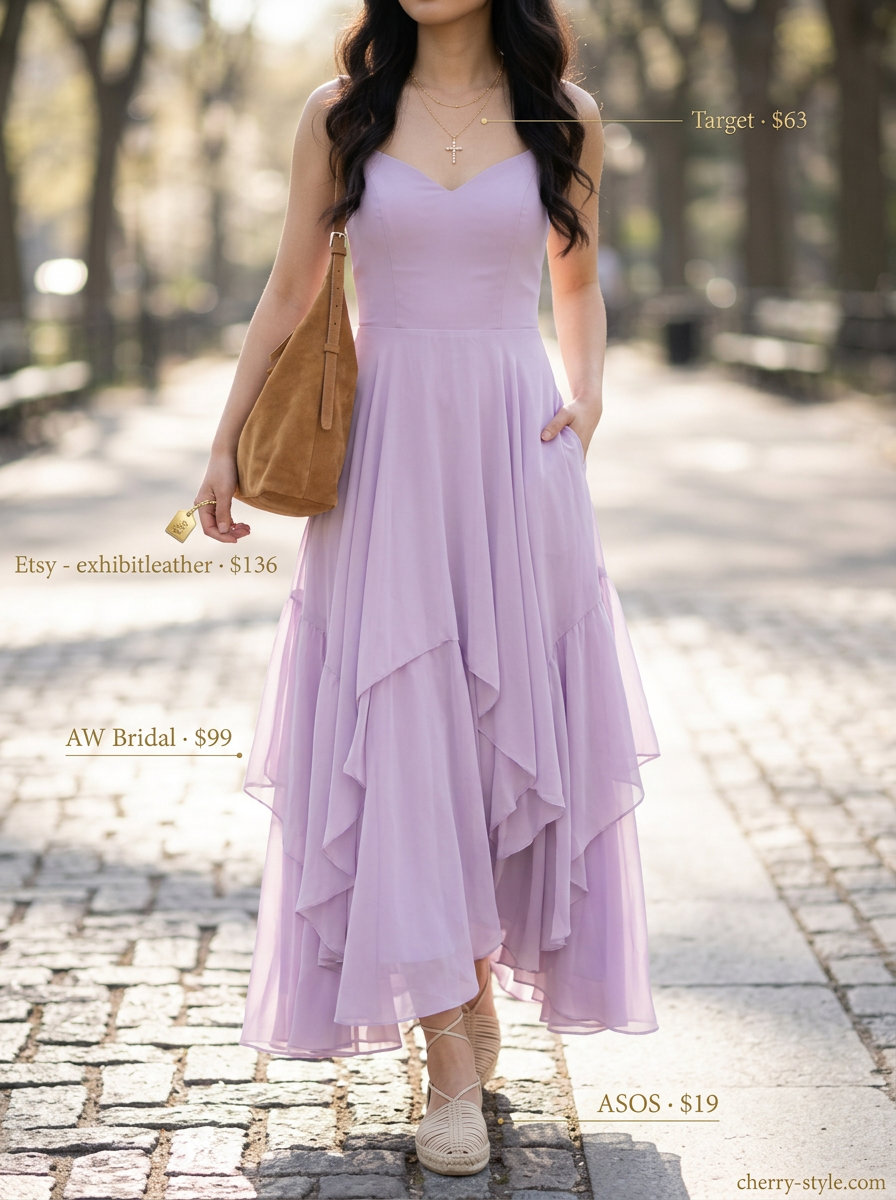 Central Park Serenity: NYC Summer Outfits 2026 Trendy NYC summer outfits for women 2026: Lavender flowy maxi dress, espadrilles, and suede hobo bag for park outings.