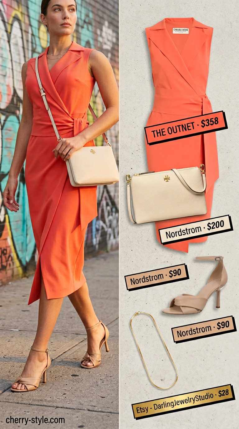NYC Summer Outfits for Women 2026: Coral Midi Dress Trendy NYC summer outfits for women 2026: Coral midi wrap dress with tan sandals and gold jewelry for a chic city look.