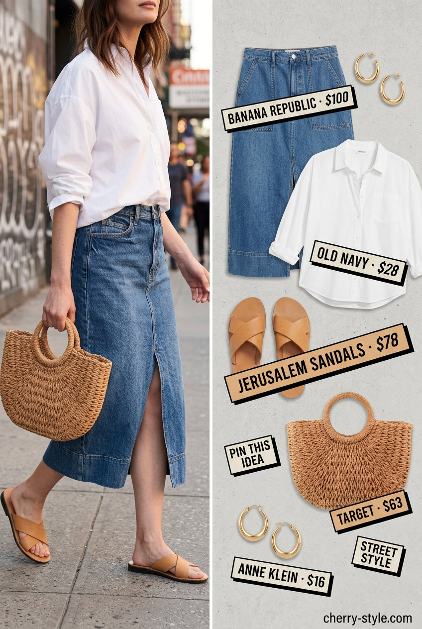 NYC Summer Outfits for Women 2026: Denim Midi Style Trendy NYC summer outfits for women 2026: Denim midi skirt with an oversized white button-down shirt and straw tote for casual days.