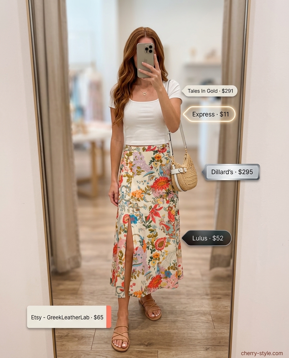NYC Summer Outfits for Women 2026: Floral Garden Party Trendy NYC summer outfits for women 2026: Pastel floral midi skirt with white crop top and straw crossbody for a garden party.