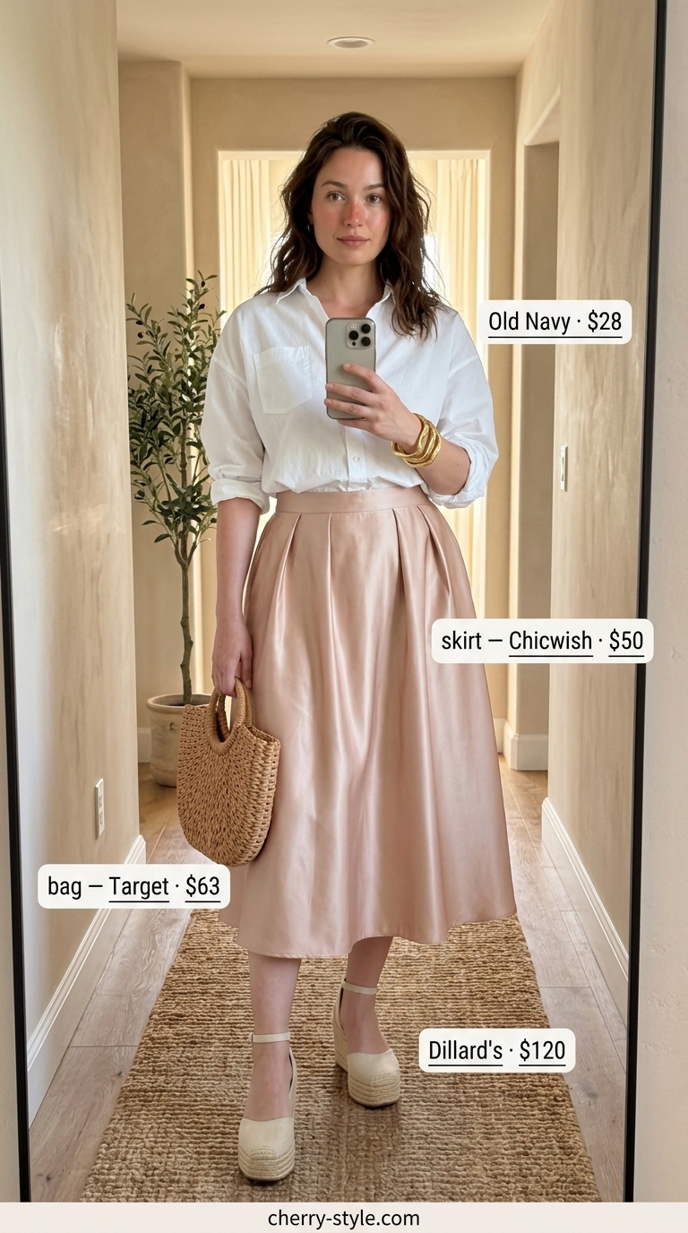 Garden Party Chic: NYC Summer Outfits 2026 Trendy NYC summer outfits for women 2026: Coral midi skirt, white button-down, and espadrille wedges for garden parties.