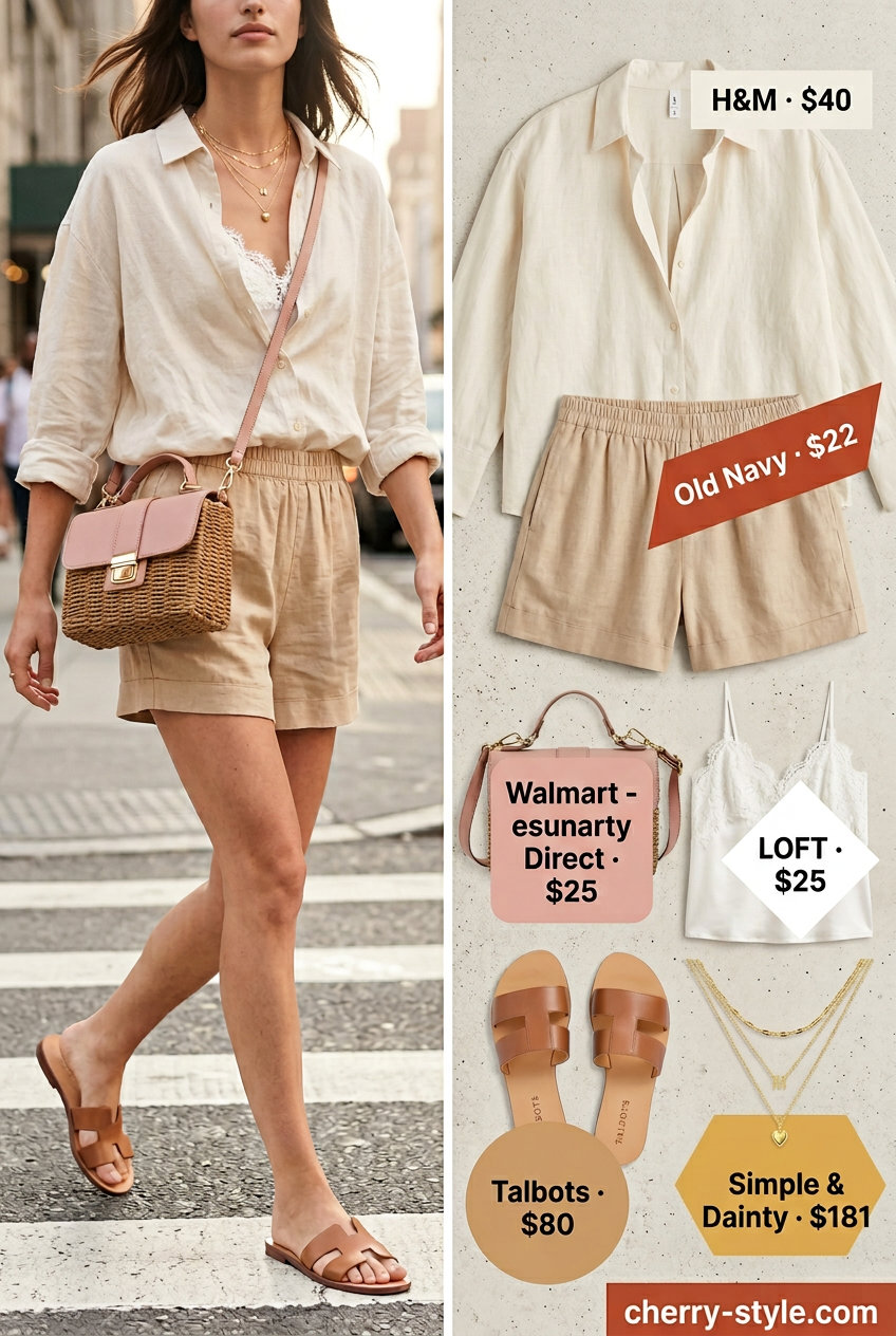 Hudson Yards Heatwave: NYC Summer Outfits 2026 Trendy NYC summer outfits for women 2026: Linen shorts, oversized shirt, and slides for hot weather casual.