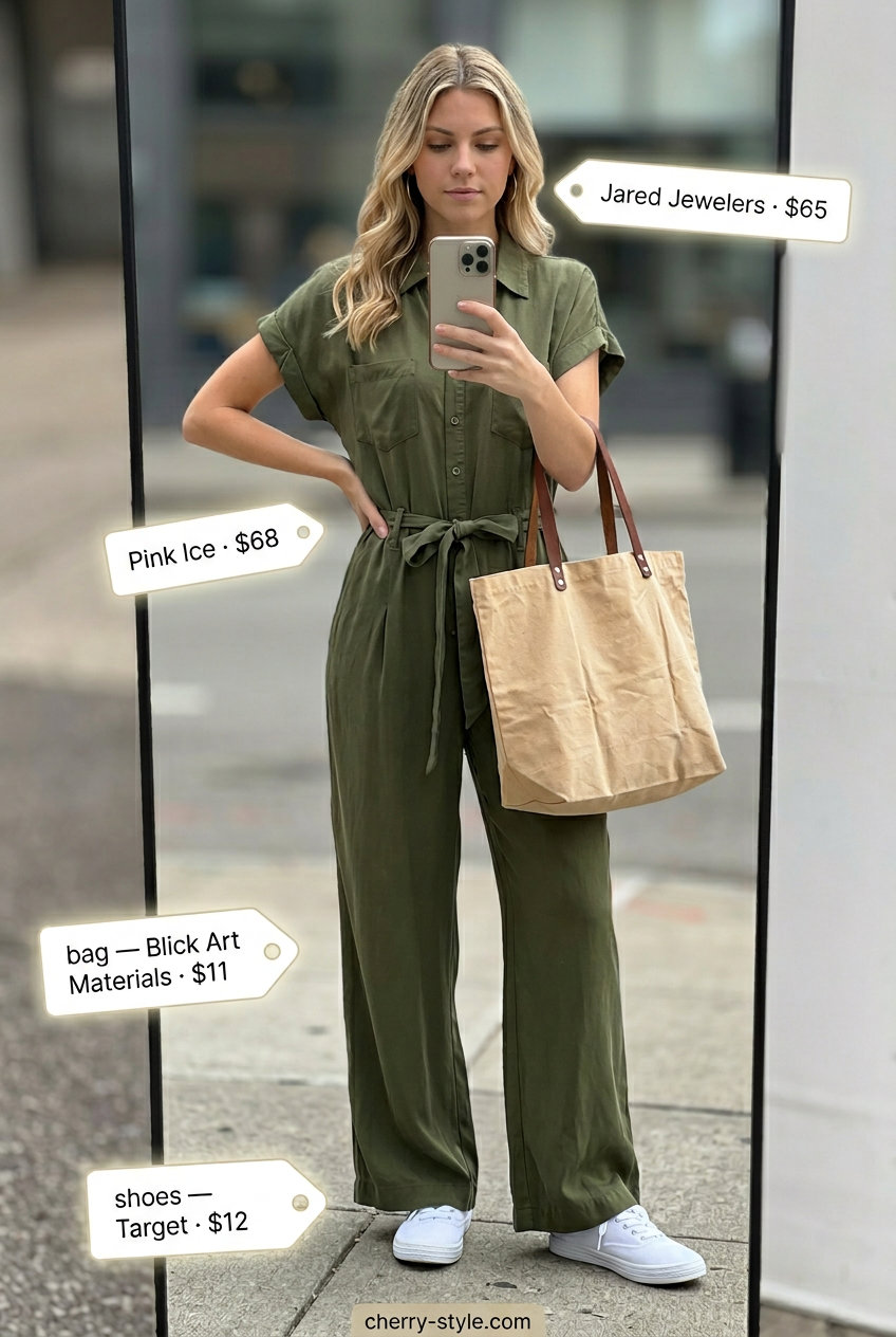 NYC Summer Outfits for Women 2026: Jumpsuit Chic Trendy NYC summer outfit for women 2026: Olive green utility jumpsuit with white sneakers and gold jewelry for city exploration.