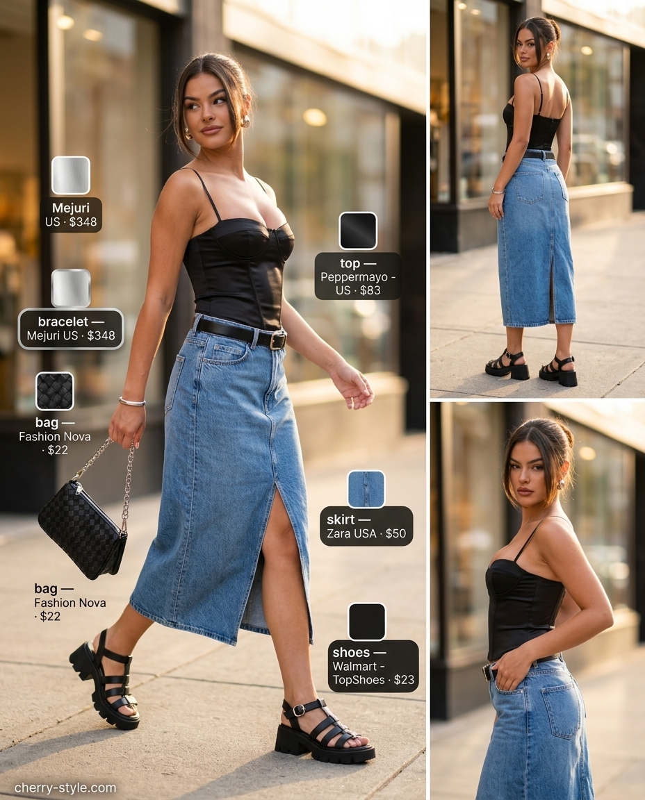 Lower East Side Cool: NYC Summer Outfits 2026 Trendy NYC summer outfits for women 2026: Denim midi skirt, corset top, and platform sandals for a night out.