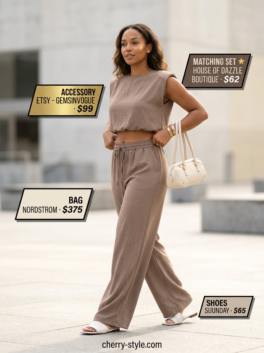 NYC Summer Outfits for Women 2026: Taupe Matching Set Trendy NYC summer outfits for women 2026: Taupe wide-leg trousers and matching cropped top with cream bag and mules for a chic set.