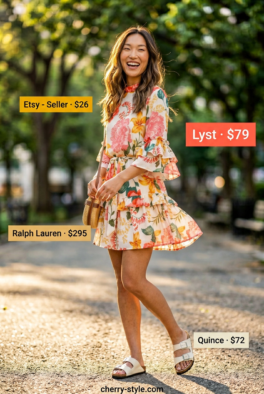 Park Picnic Perfect: NYC Summer Outfits 2026 Trendy NYC summer outfits for women 2026: Floral mini dress, straw crossbody, and leather slides for park picnics.