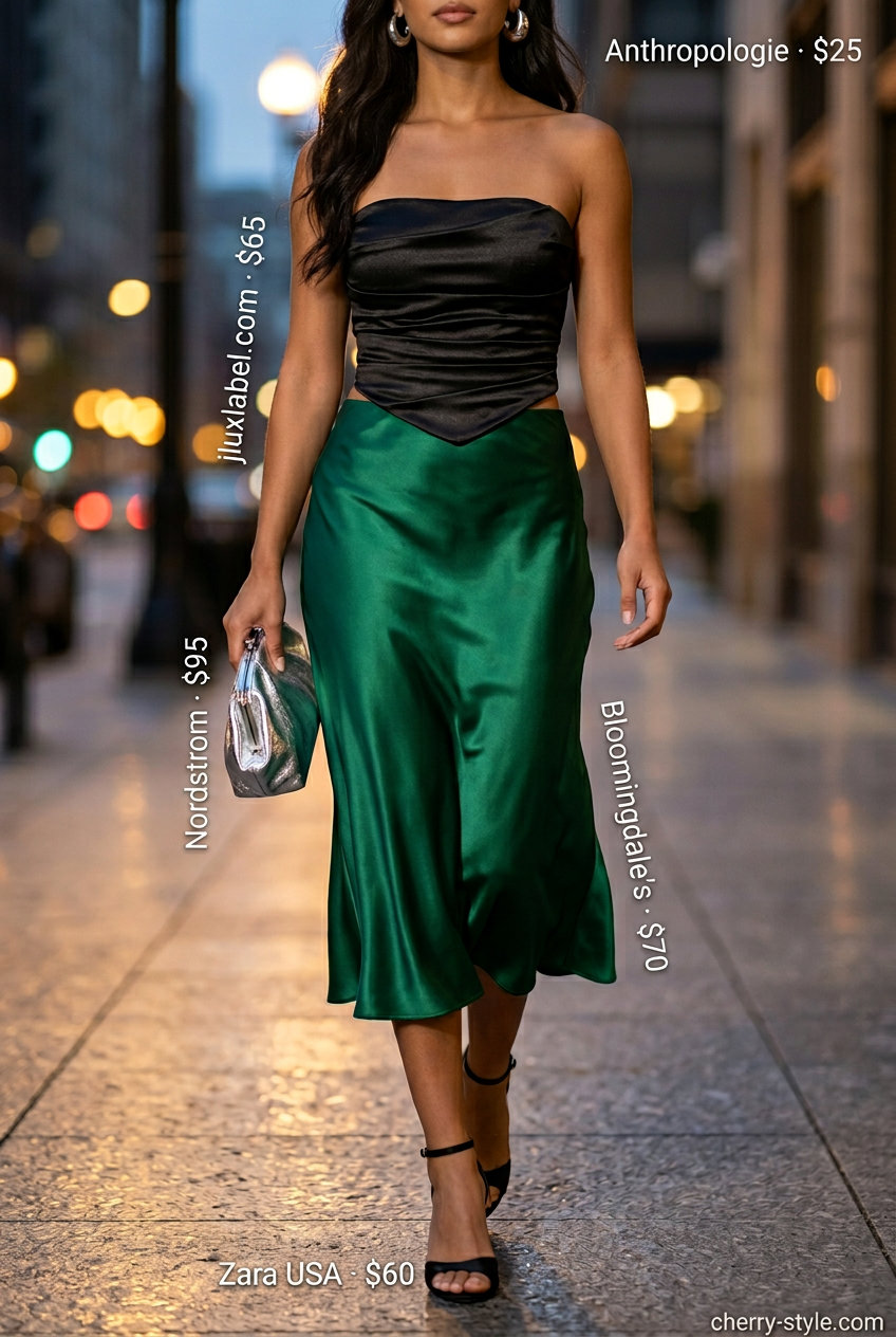 NYC Summer Outfits for Women 2026: Emerald Satin Skirt Trendy NYC summer outfits for women 2026: Emerald green satin slip skirt with black corset top and silver accessories for evening.