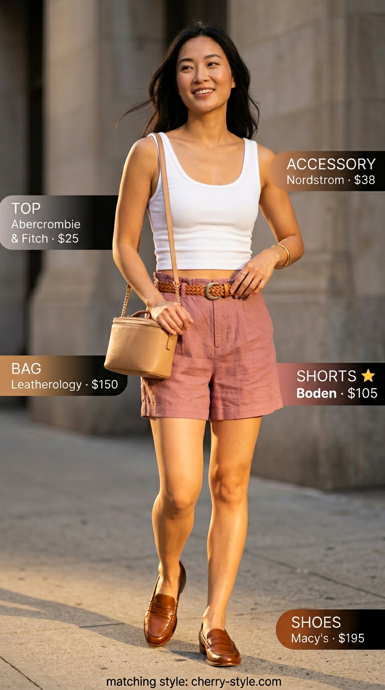 Brunch Ready Style: NYC Summer Outfits 2026 Trendy NYC summer outfits for women 2026: Blush linen shorts, ribbed tank, and leather loafers for weekend brunch.