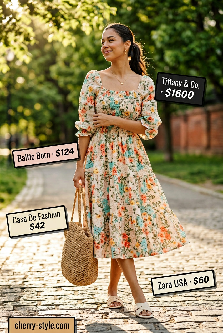 NYC Summer Outfits for Women 2026: Floral Dress Style Trendy NYC summer outfit for women 2026: Pastel floral midi dress, straw tote, and leather slides for a park stroll.