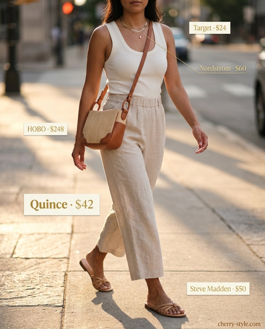 NYC Summer Outfits for Women 2026: Linen Pants Style Trendy NYC summer outfits for women 2026: Linen wide-leg pants, ribbed tank, and crossbody bag for city exploration.