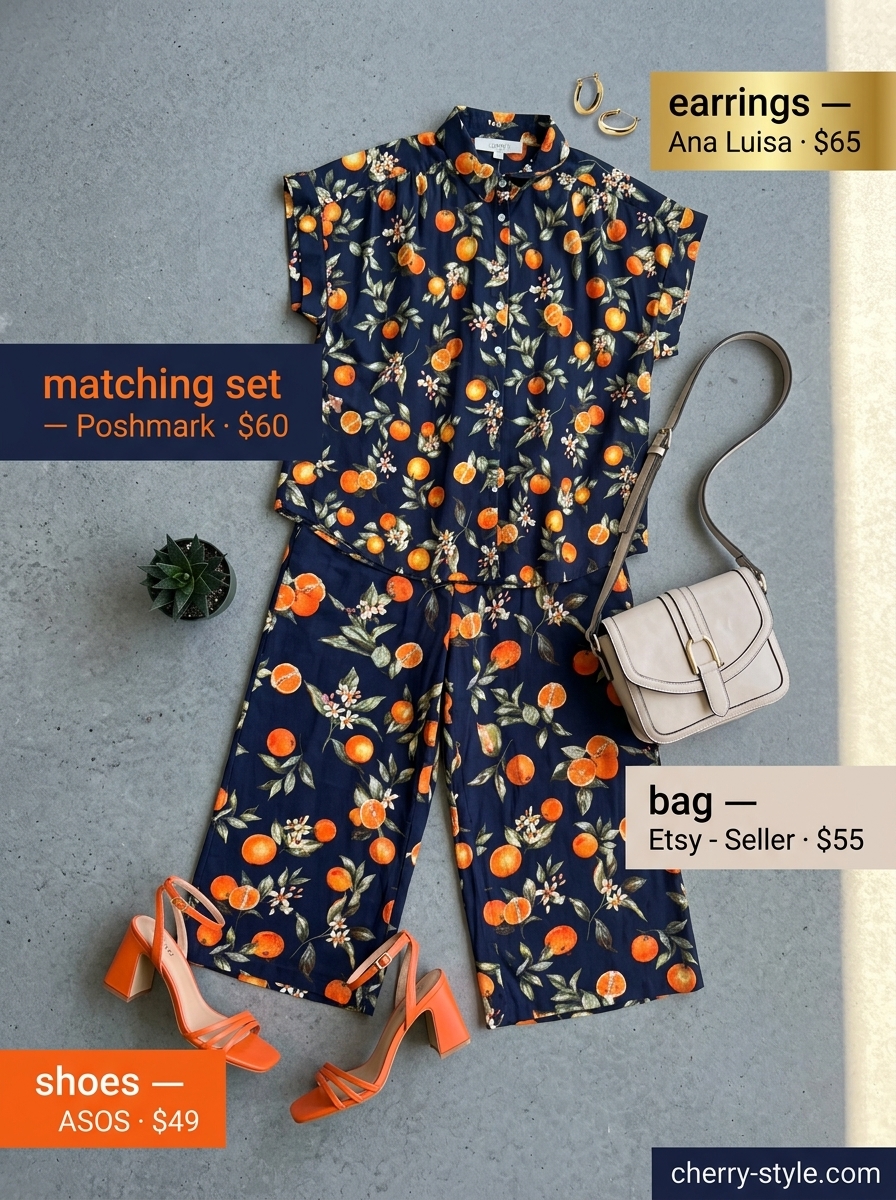 NYC Summer Outfits for Women 2026: Matching Set Style Trendy NYC summer outfits for women 2026: Teal and orange abstract print matching set for a daytime event.