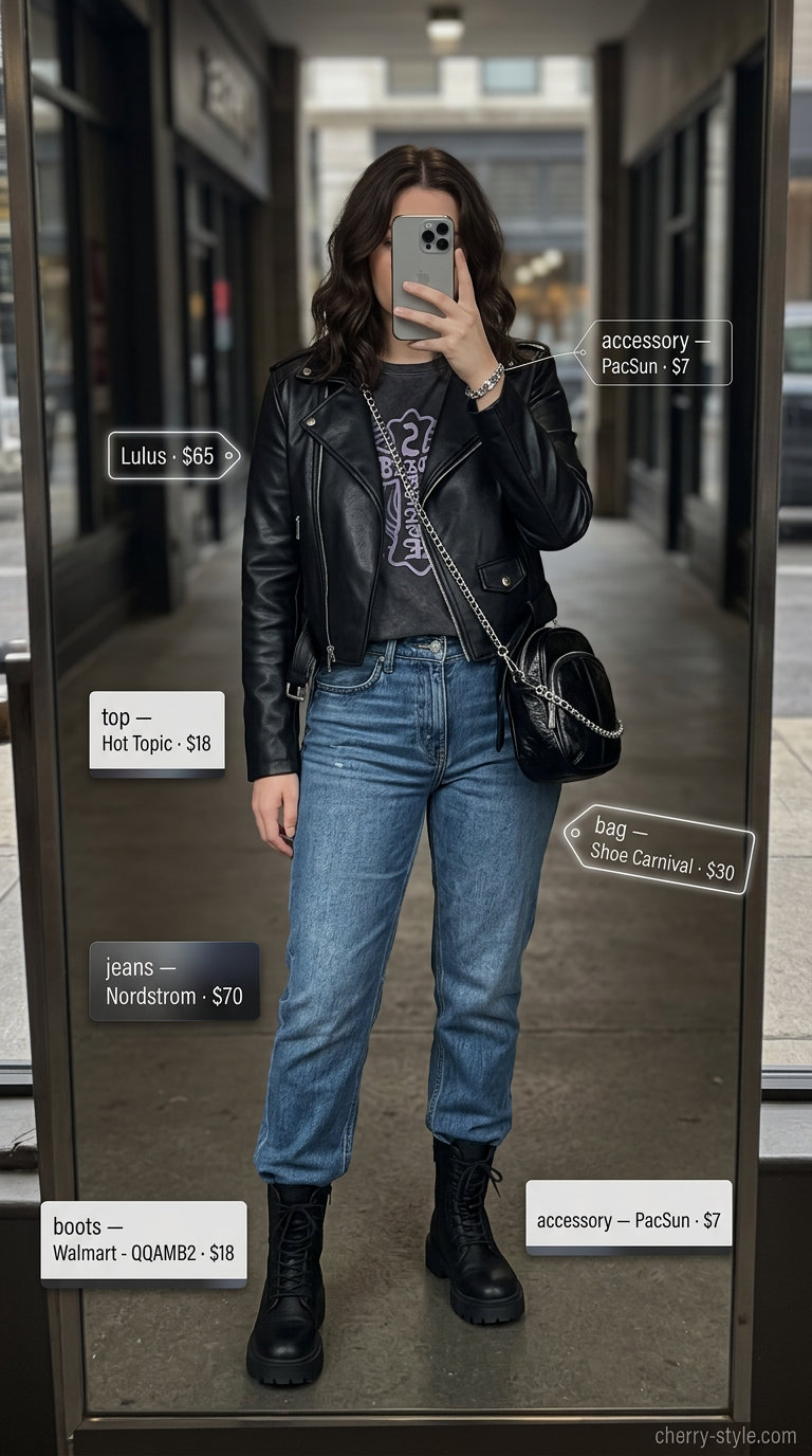 NYC Summer Outfits for Women 2026: Moto Jacket Style Trendy NYC summer outfits for women 2026: Moto jacket, band tee, and combat boots for edgy street style.