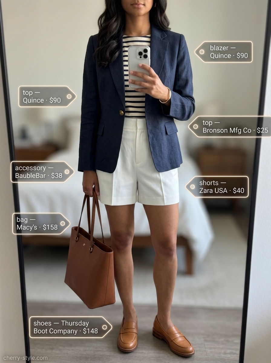 NYC Summer Outfits for Women 2026: Navy Blazer Style Trendy NYC summer outfits for women 2026: Linen shorts, Breton tee, and navy blazer for smart casual.