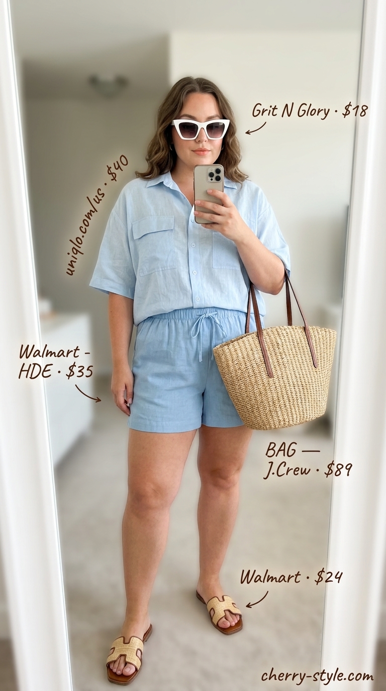 Trendy plus size summer outfits for women 2026: Sky blue linen shorts, white blouse, raffia tote, and gold sandals for a beach vacation.