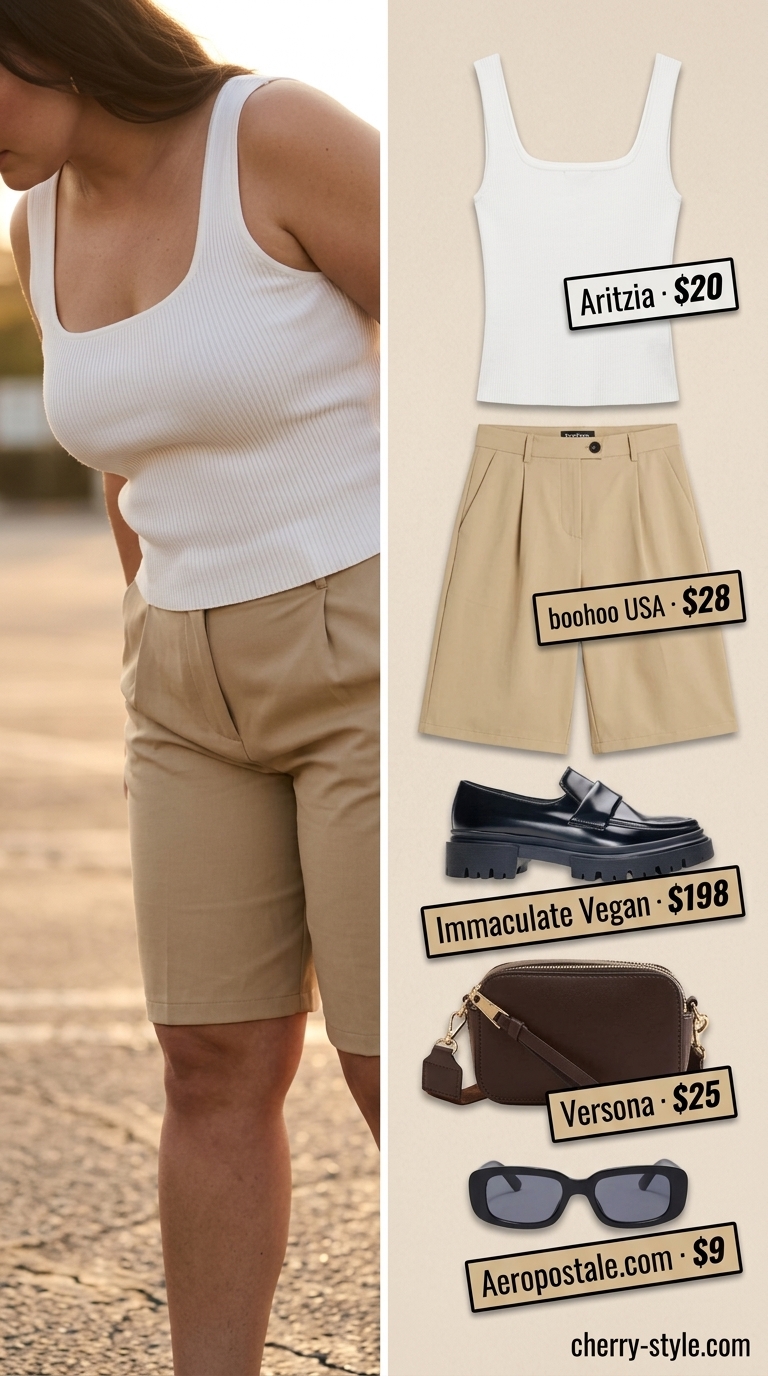 Trendy plus size summer outfits for women 2026: Khaki Bermuda shorts, white knit top, black loafers for city sightseeing.