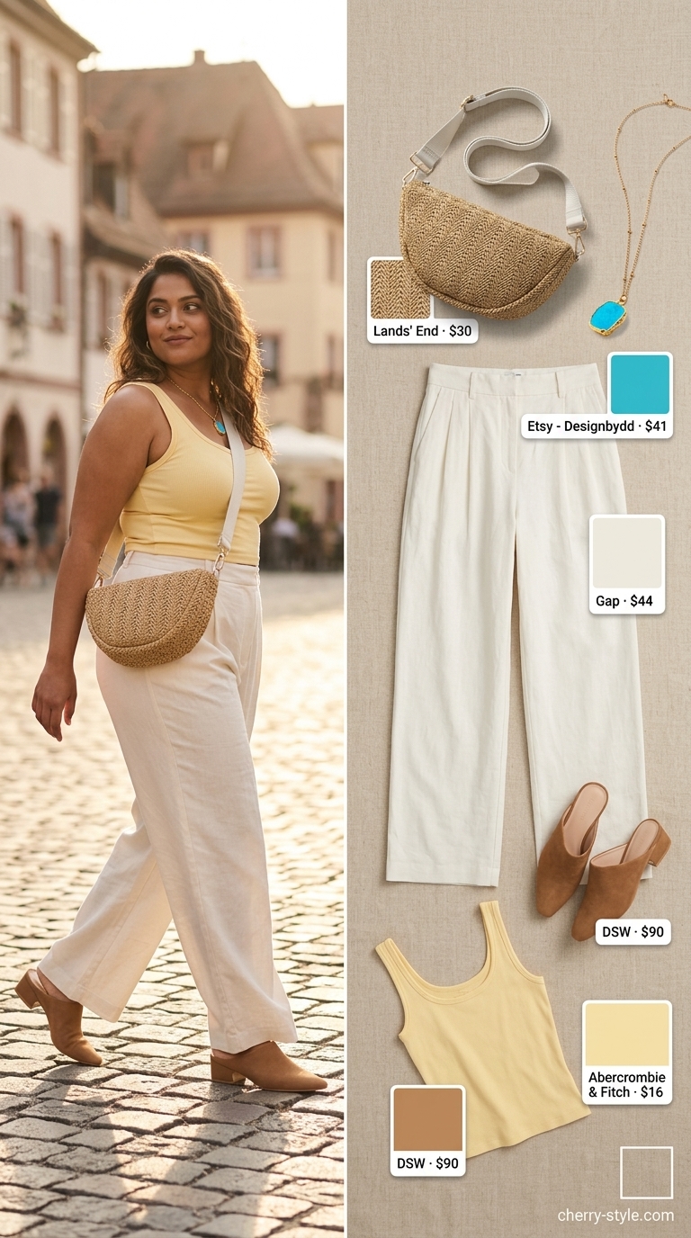 Trendy plus size summer outfits for women 2026: Cream linen pants, butter yellow tank, straw bag, and turquoise necklace for brunch.