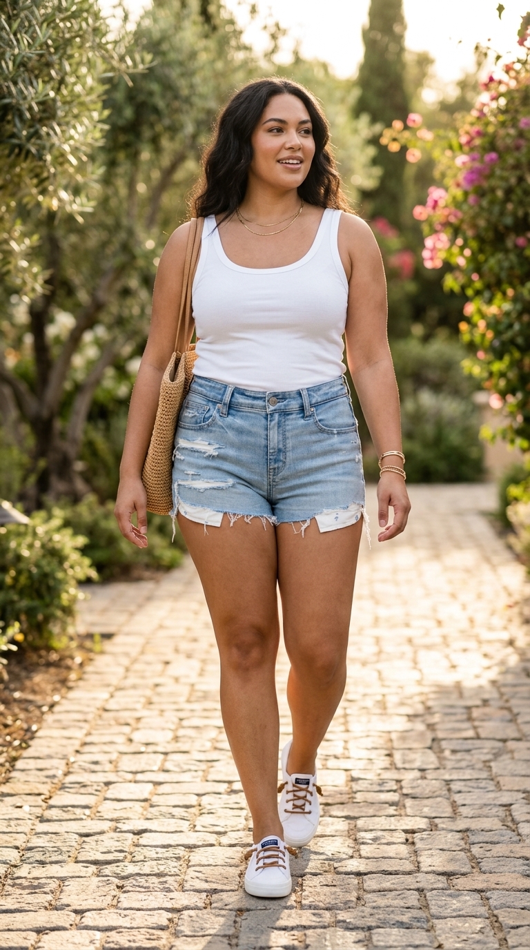 Trendy plus size summer outfits for women 2026: Denim shorts, white tank, linen shirt, canvas tote, and sneakers for weekend brunch.