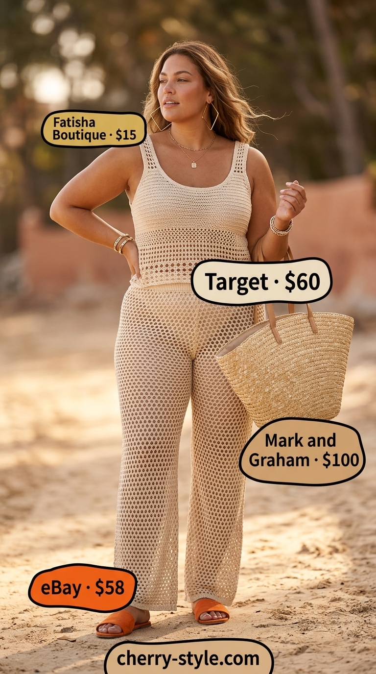 Trendy plus size summer outfits for women 2026: Ecru crochet matching set, terracotta sandals for resort wear.