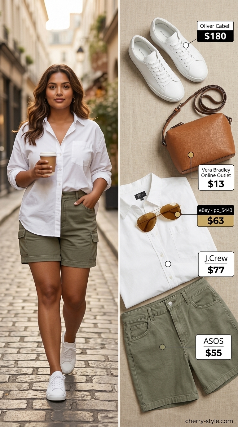Trendy plus size summer outfits for women 2026: Khaki shorts, white button-down, aviators, and sneakers for city sightseeing.