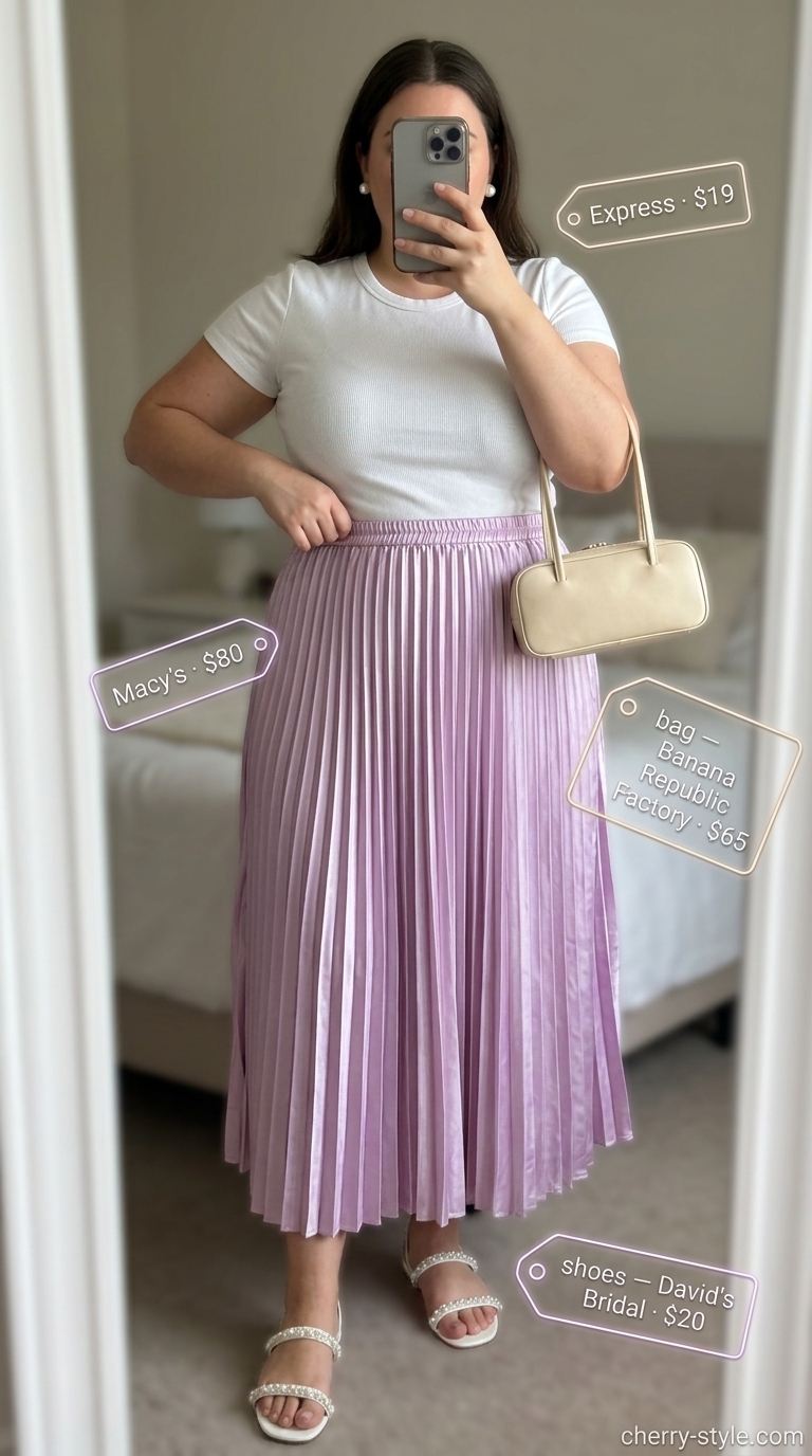 Trendy plus size summer outfits for women 2026: Lavender skirt, white tee, pearl earrings, and sandals for a summer festival.