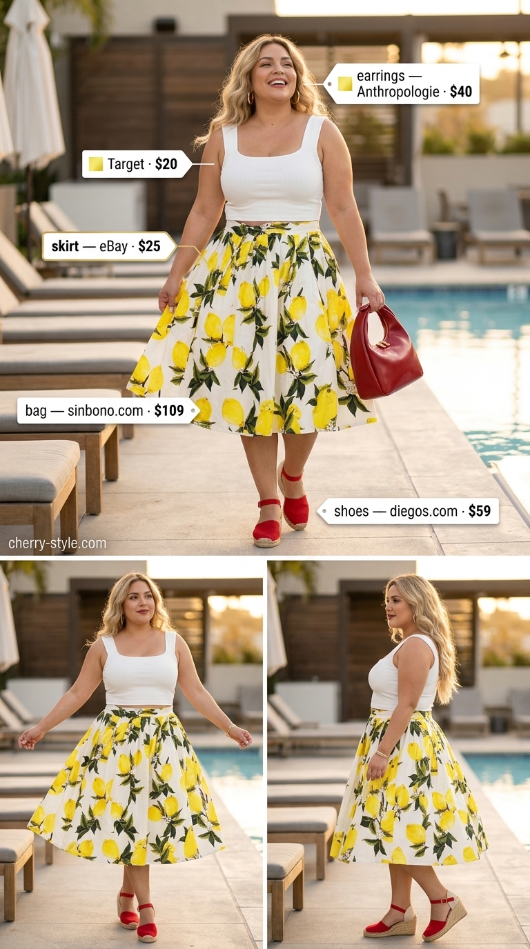 Trendy plus size summer outfits for women 2026: Yellow lemon print skirt, white tank, red bag, and espadrilles for a retro pool party.