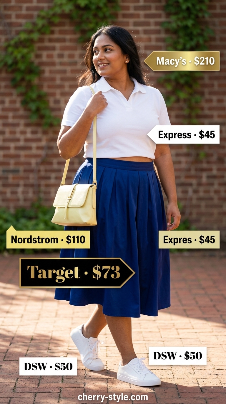 Trendy plus size summer outfits for women 2026: Navy A-line skirt, white polo, yellow bag for brunch.