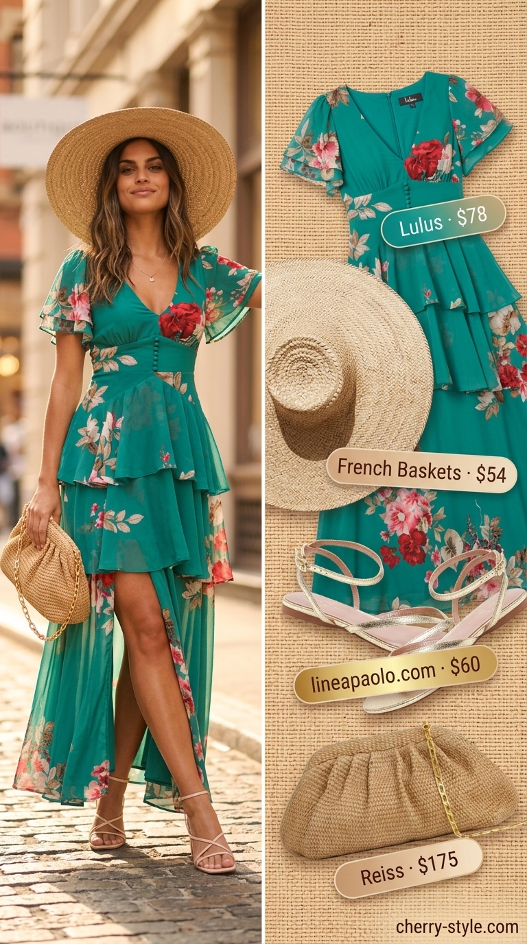 Trendy plus size summer outfits for women 2026: Teal floral maxi dress, gold sandals for resort wear.