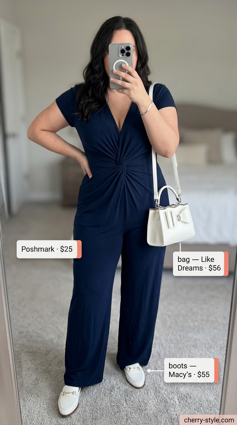 Trendy plus size summer outfits for women 2026: Navy wide-leg jumpsuit, white mules, silver bracelet, and crossbody bag for city chic.