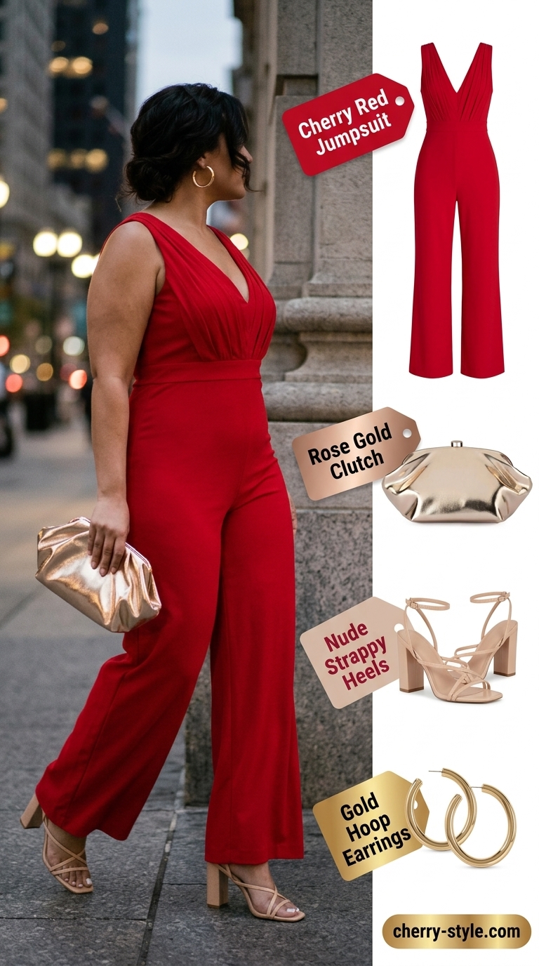 Trendy plus size summer outfits for women 2026: Cherry red jumpsuit, gold clutch for date night.