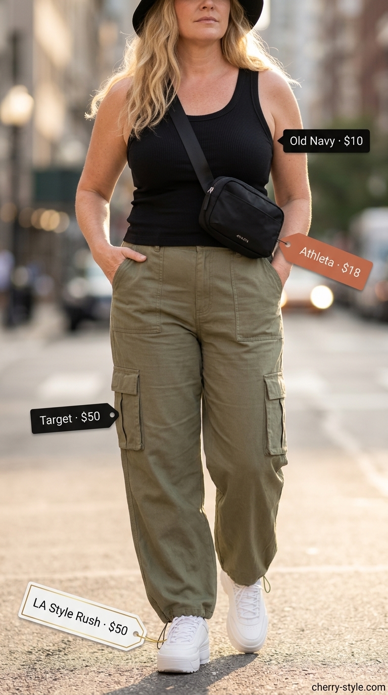 Trendy plus size summer outfits for women 2026: Olive cargo pants, white tank, black belt bag for urban style.