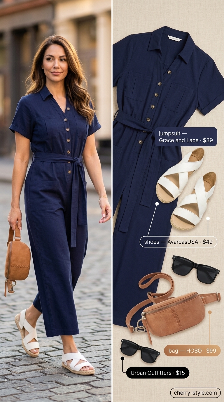 Trendy plus size summer outfits for women 2026: Navy utility jumpsuit, espadrilles, sunglasses, and belt bag for a casual day out.