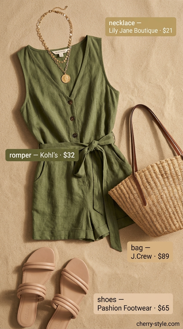 Trendy plus size summer outfits for women 2026: Olive green linen romper, straw hat, and slide sandals for a boho beach day.