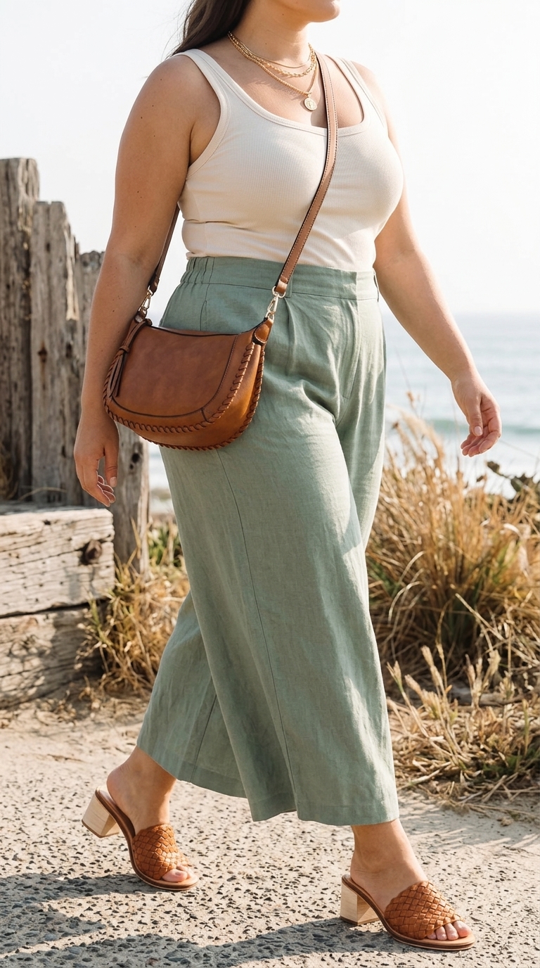 Trendy plus size summer outfits for women 2026: Sage green linen pants, cream knit tank, and tan mules for coastal cowgirl style.