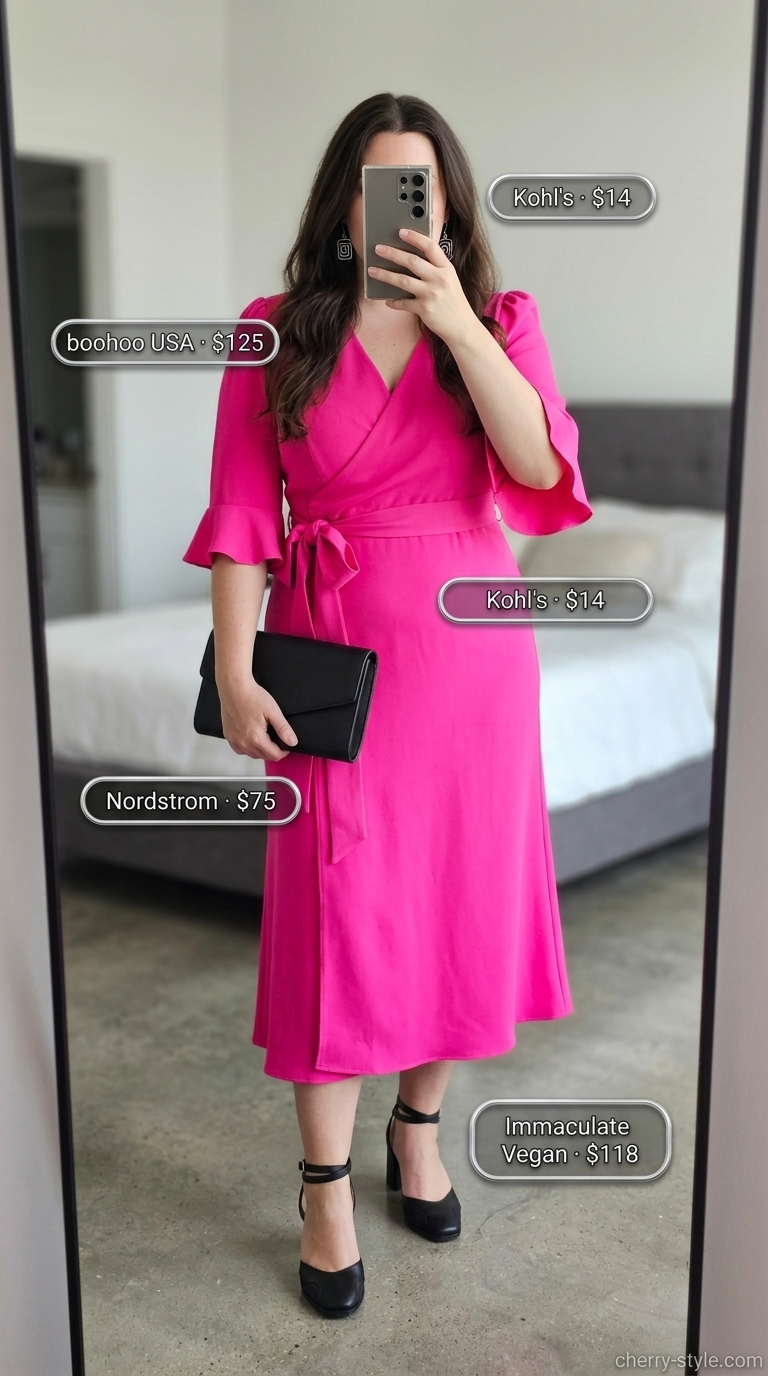 Trendy plus size summer outfits for women 2026: Hot pink wrap midi dress, black strappy heels, and silver earrings for a fiesta.