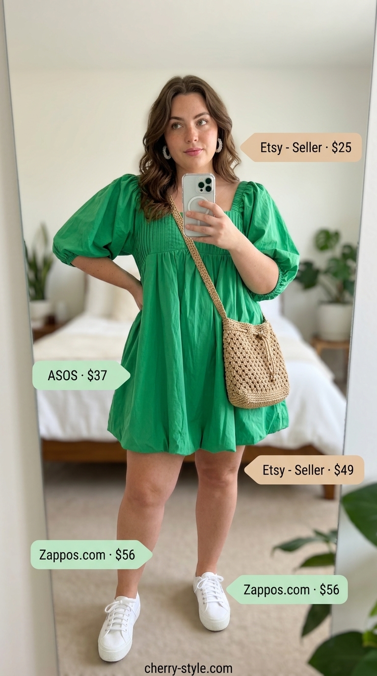 Trendy plus size summer outfits for women 2026: Kelly green babydoll dress, white platform sneakers, and raffia bag for a picnic.