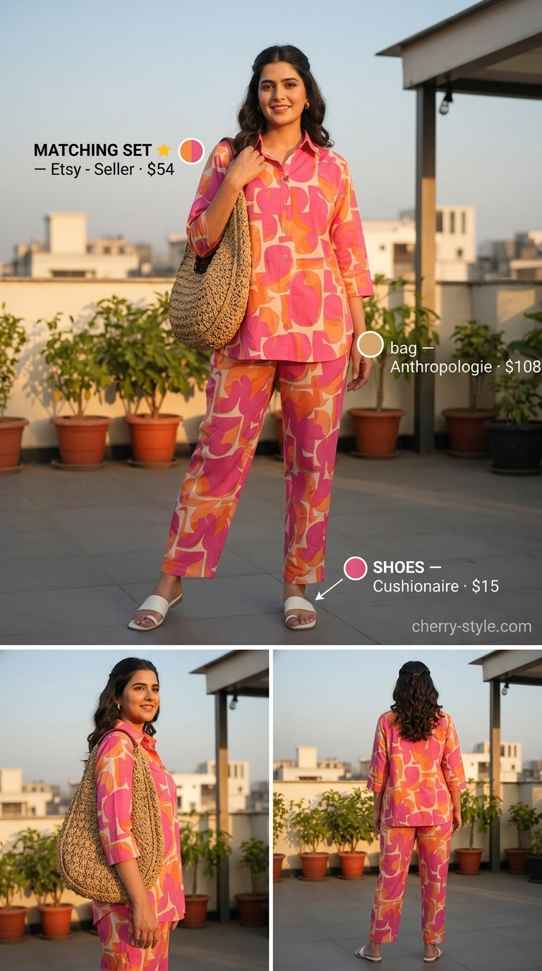 Trendy plus size summer outfits for women 2026: Orange and pink abstract print set, white slides, and raffia bag for a playful look.