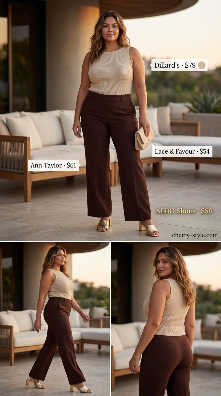 Trendy plus size summer outfits for women 2026: Chocolate brown trousers, beige knit top, gold heels, and clutch for resort evening.