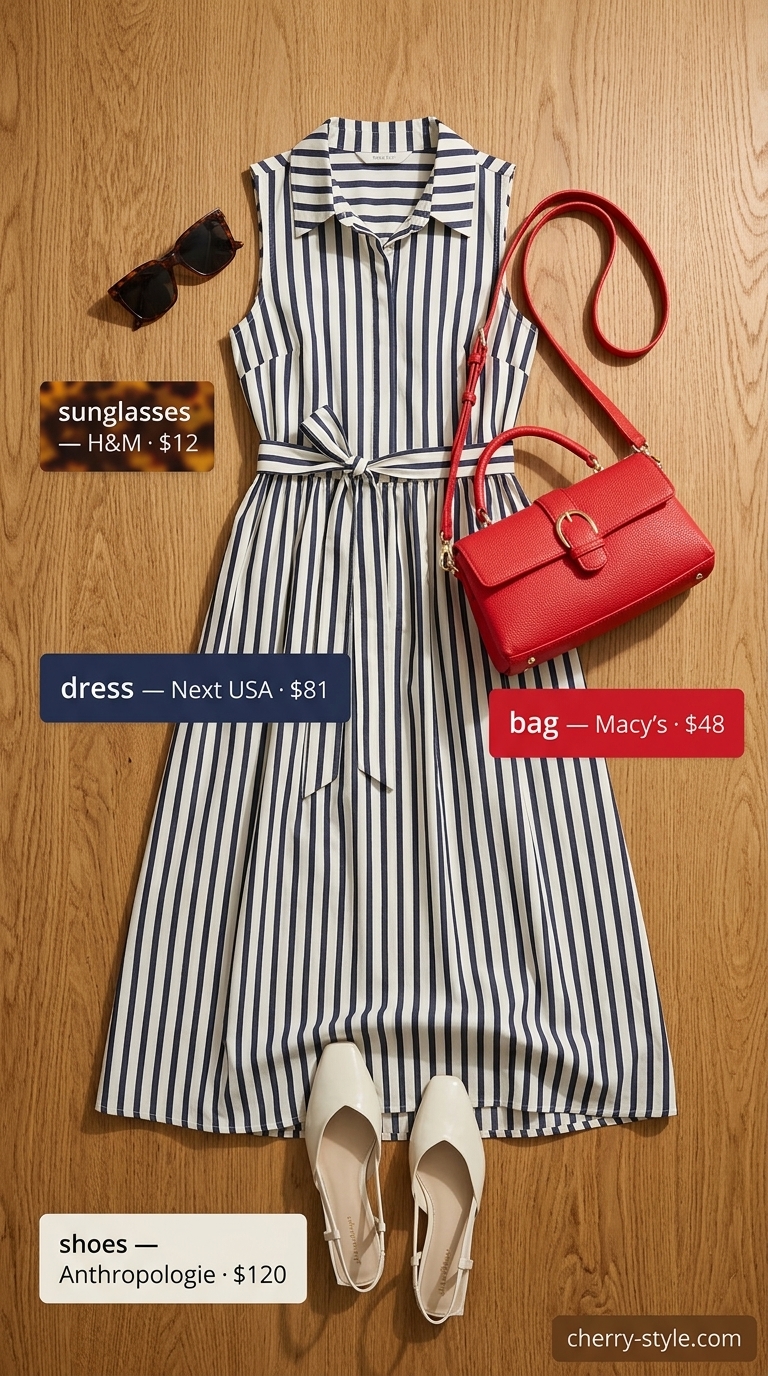 Trendy plus size summer outfits for women 2026: Navy pinstripe midi dress, white slingbacks, red bag, and sunglasses for Riviera chic.