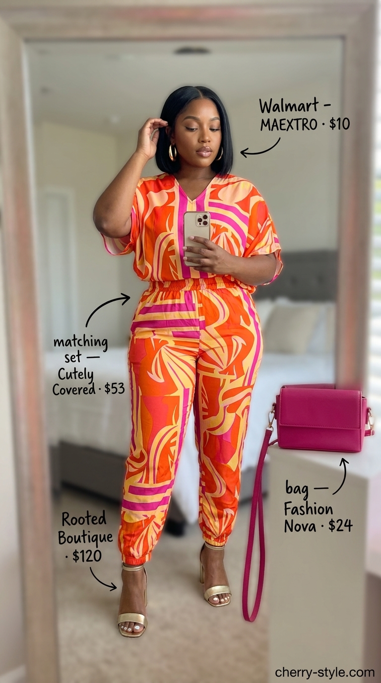 Trendy plus size summer outfits for women 2026: Tropical print matching set, gold heels, and hot pink bag for a summer party.