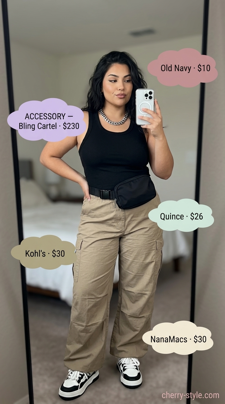 Trendy plus size summer outfits for women 2026: Khaki cargo pants, black tank, silver necklace, and belt bag for city exploration.