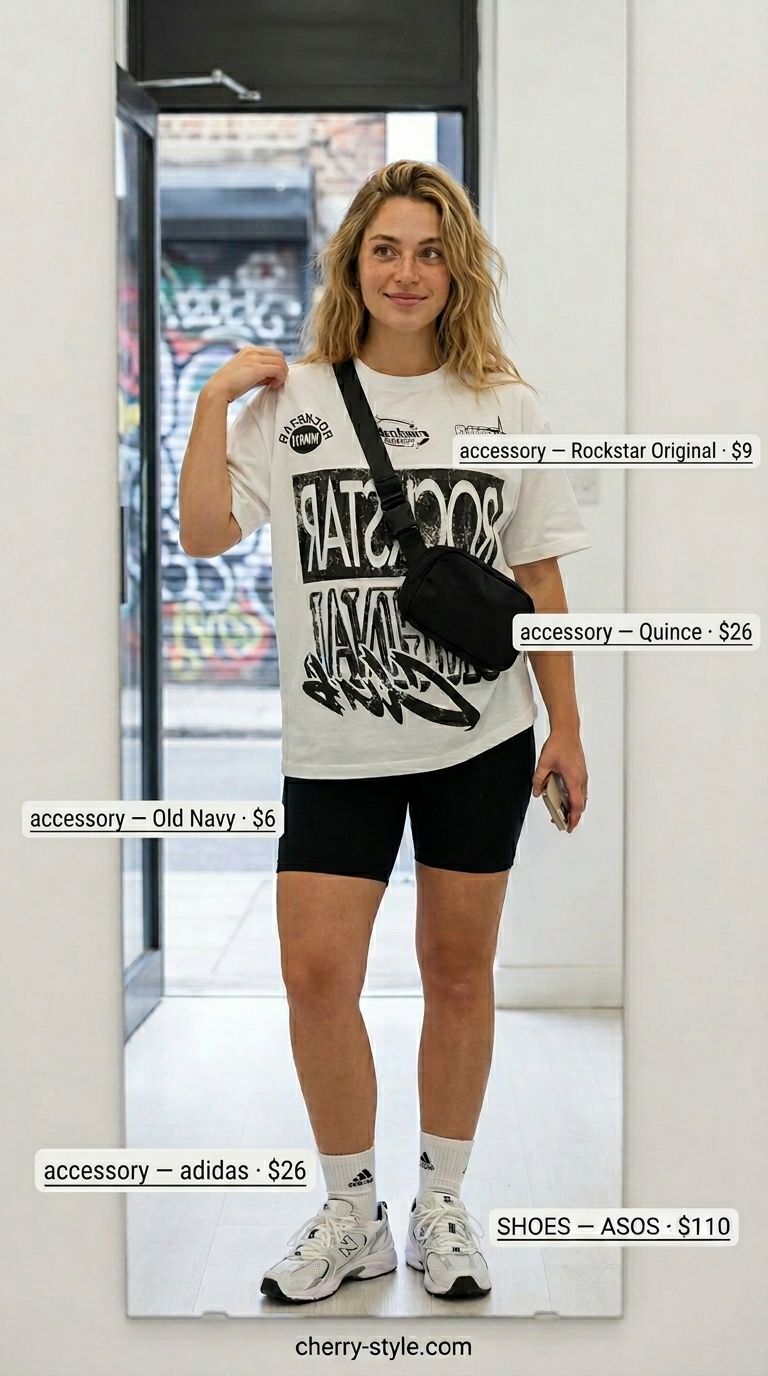 Athleisure shopping outfits 2026: Biker shorts, graphic tee, belt bag & chunky sneakers.